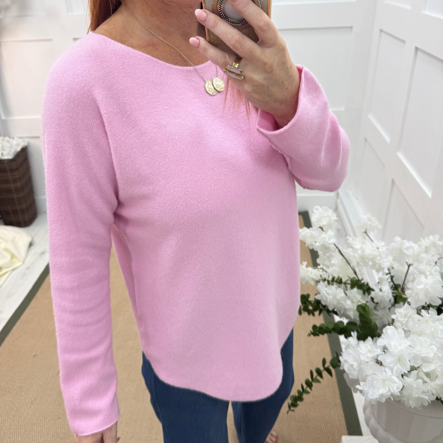 Mindy: Pink plain long sleeve knit top. One size: 10-16/18