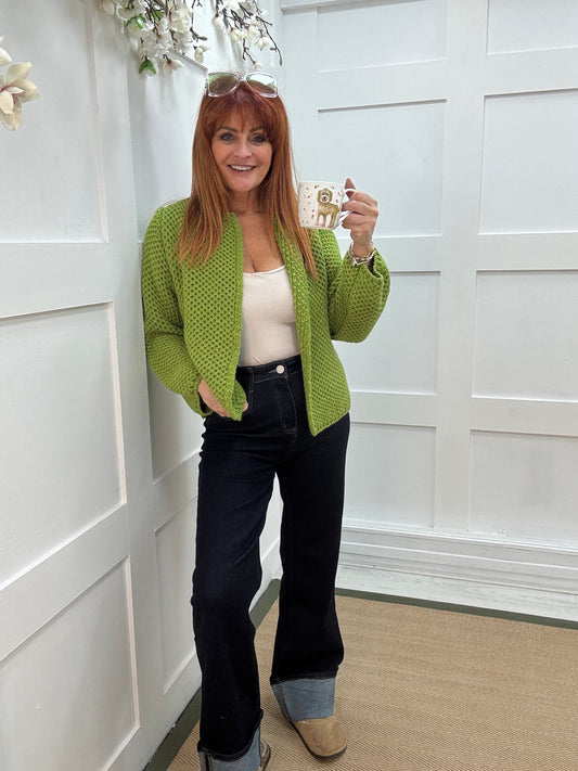 Skye: Lime knitted boxcut cardigan. One size: 10-18