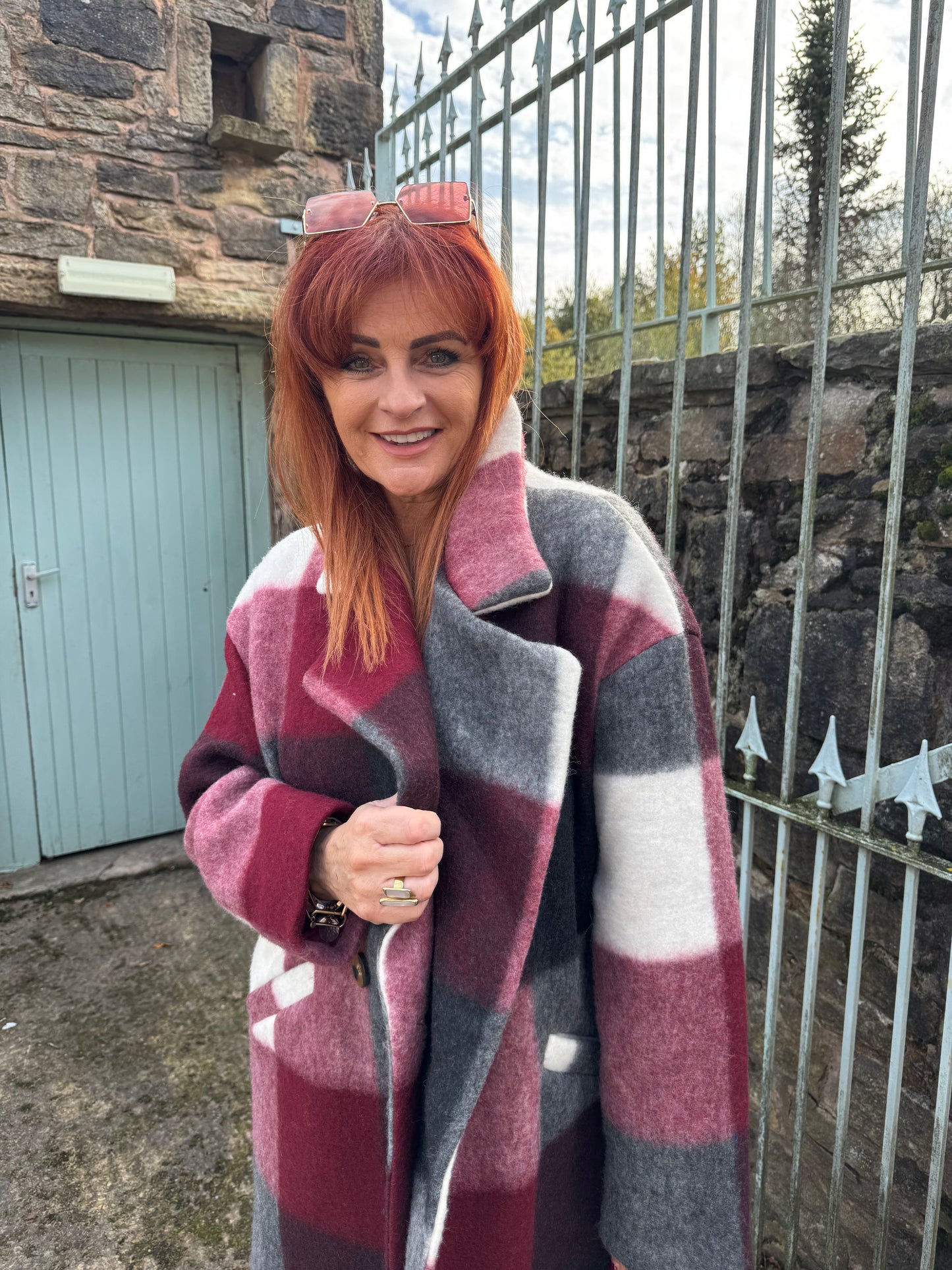 Loxley: Burgundy & grey check wool coat. One size 12-20