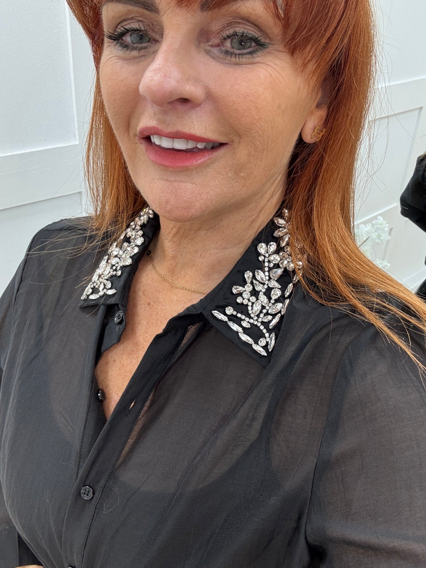 Azira: Black rhinestone collar sheer shirt. One size: 10-16