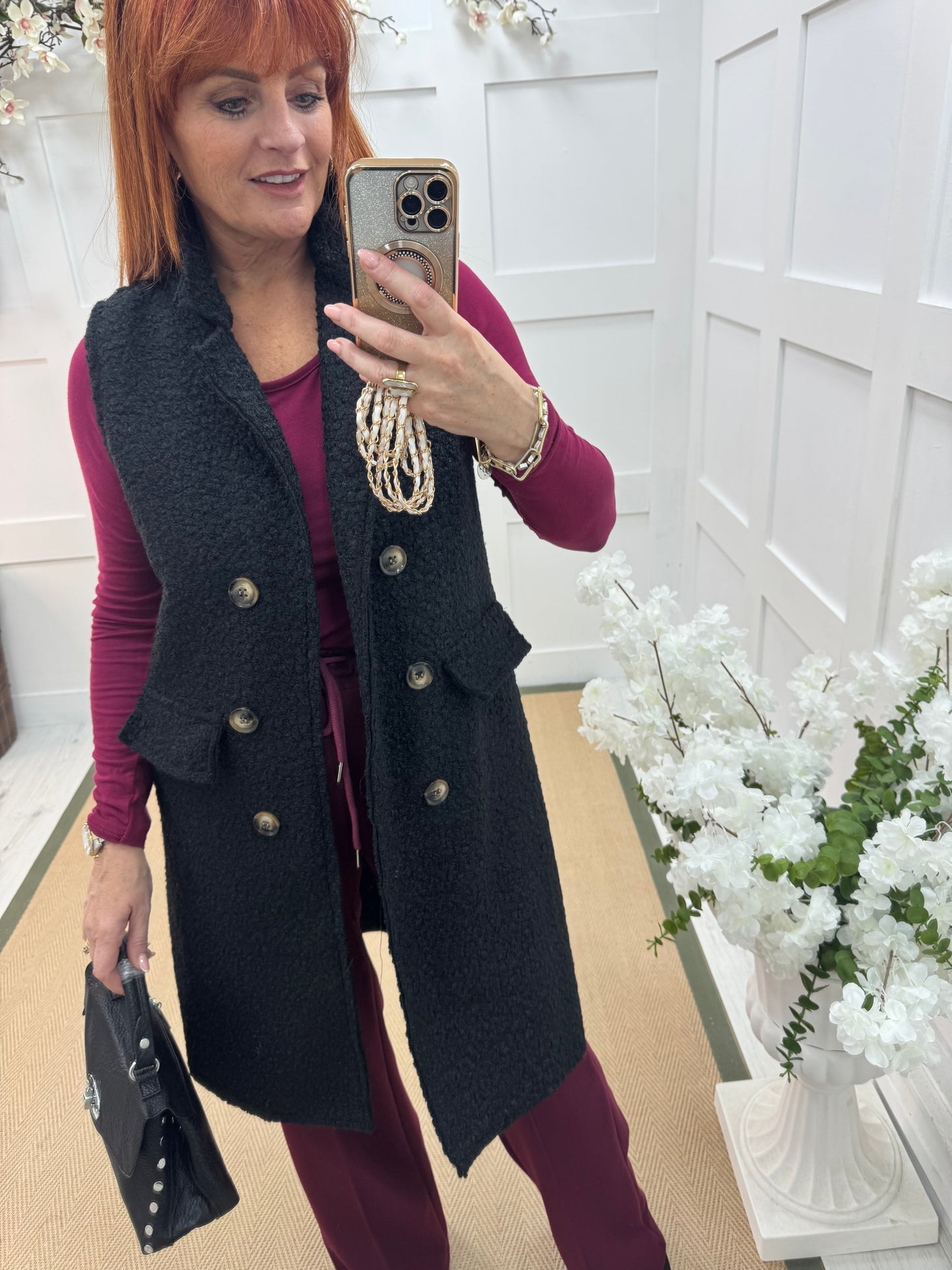 Kay: Black boucle long waistcoat. One size 10-16
