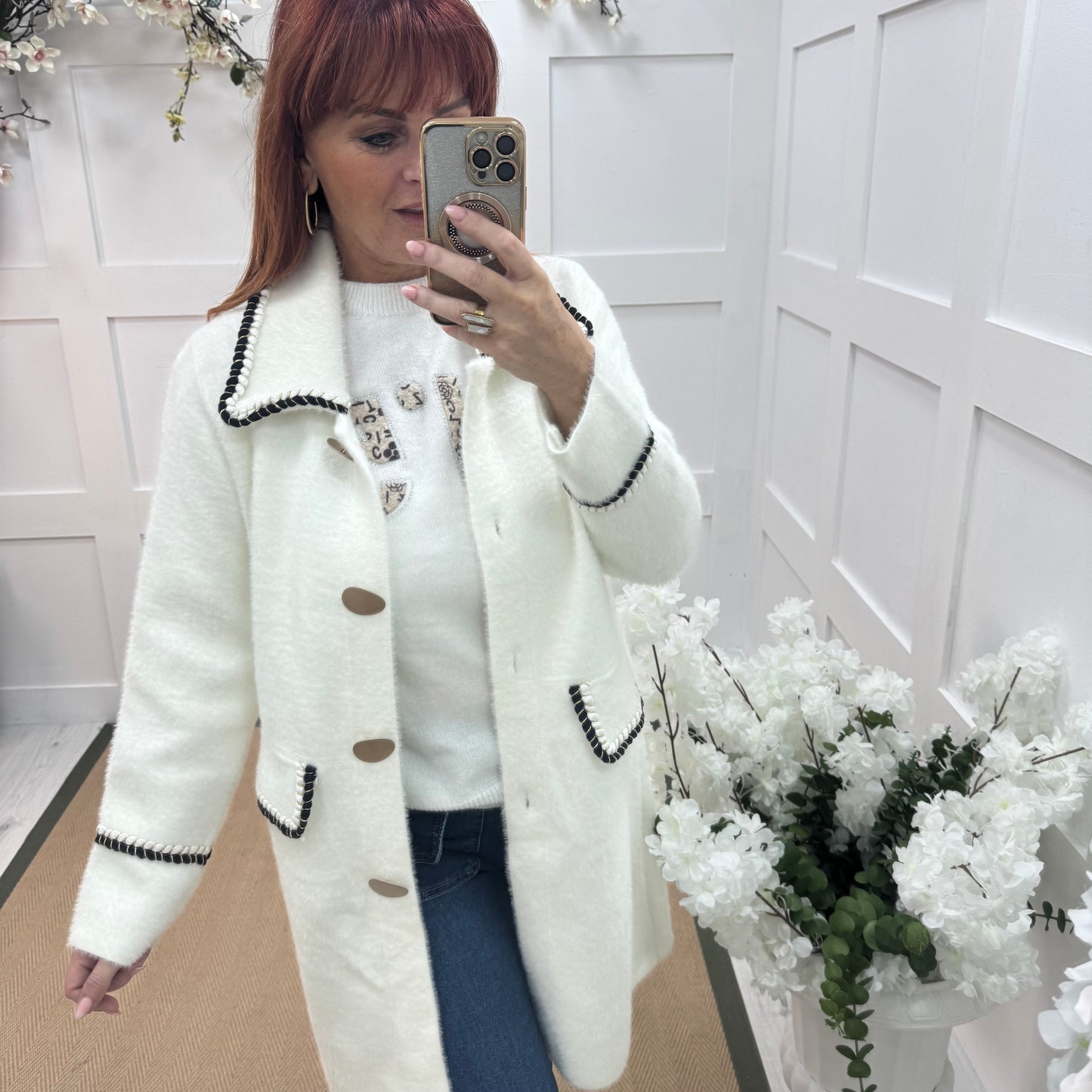 Ivy: White gold button long coatigan. One size 10-16
