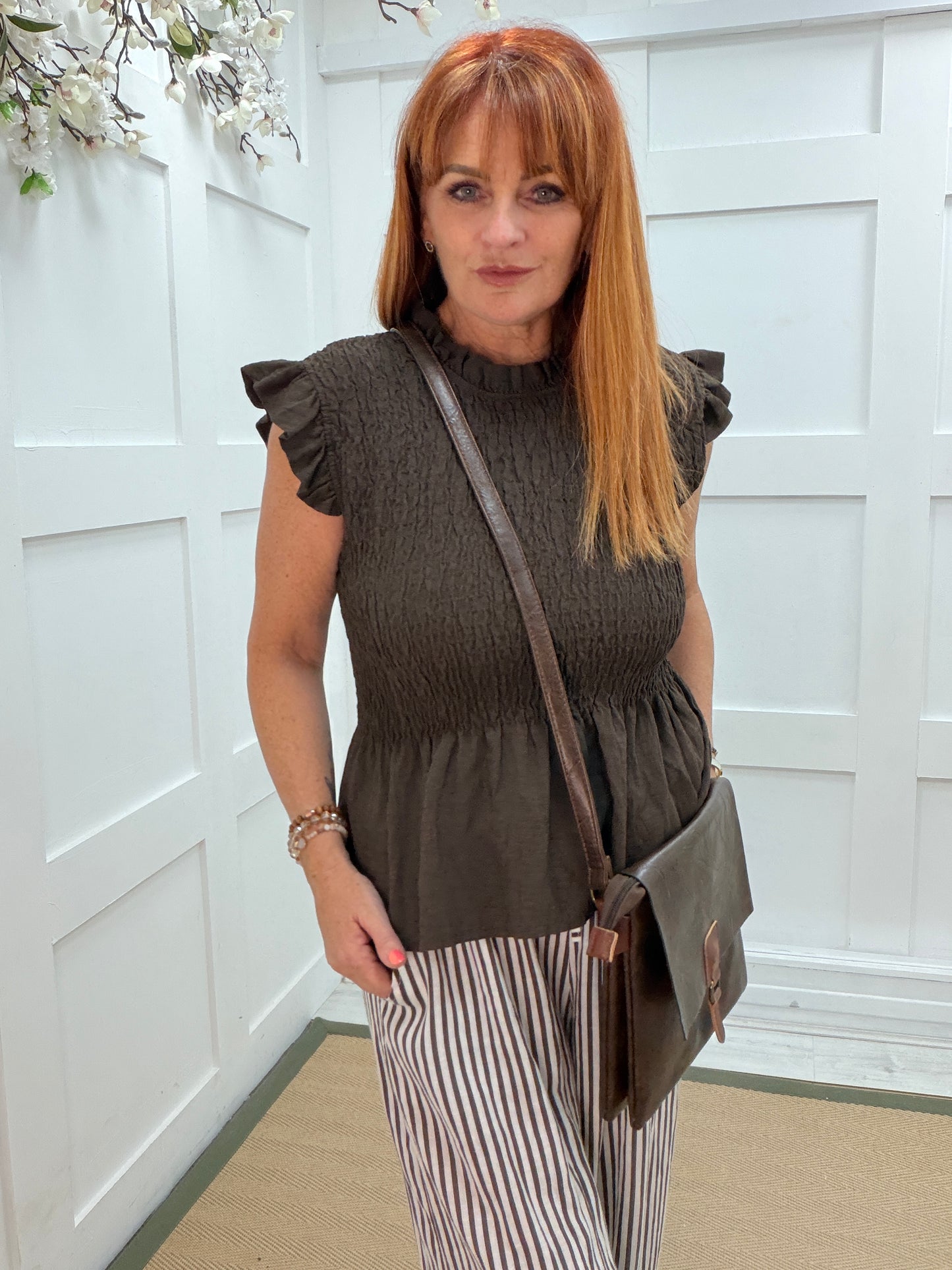Farron: Frill sleeve shirred top. One size: 10-16. 5 colours