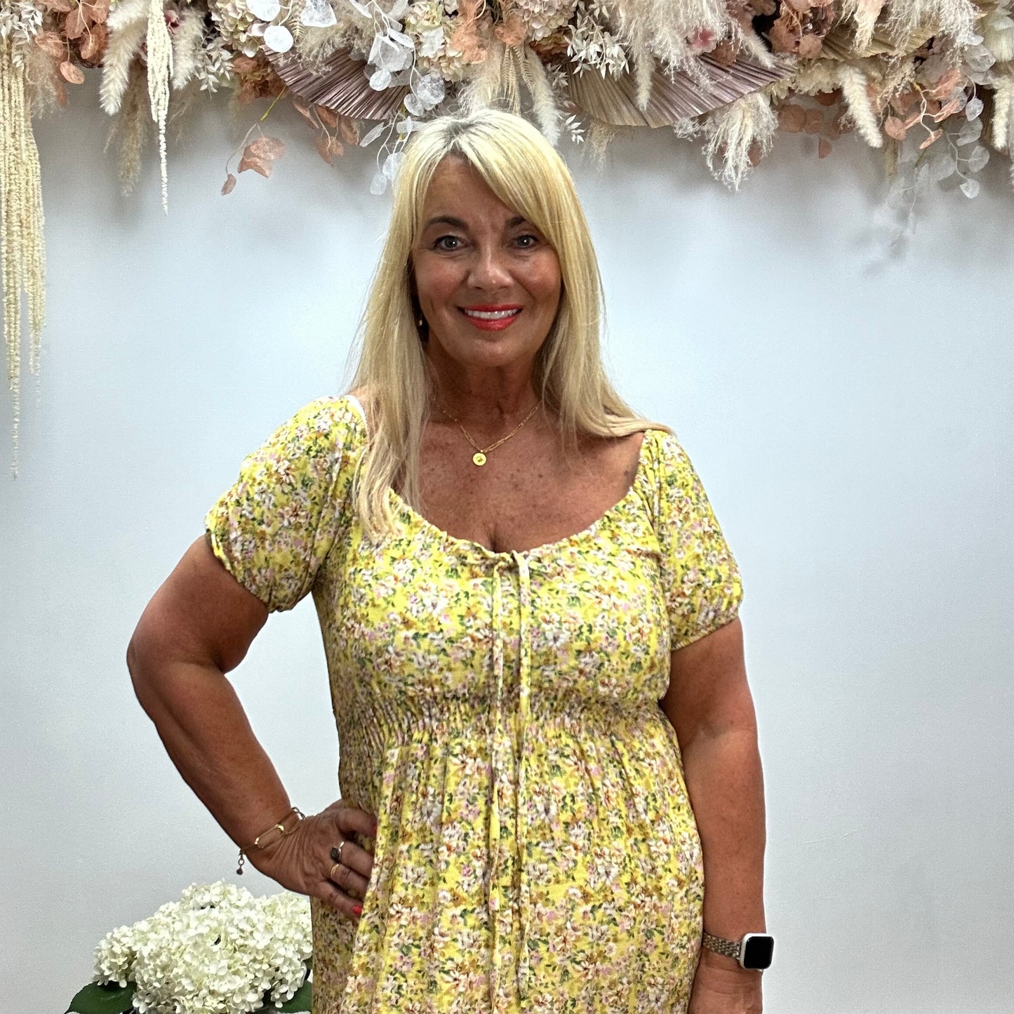 Kitty: Lemon ditsy floral midi dress. One size 12-16