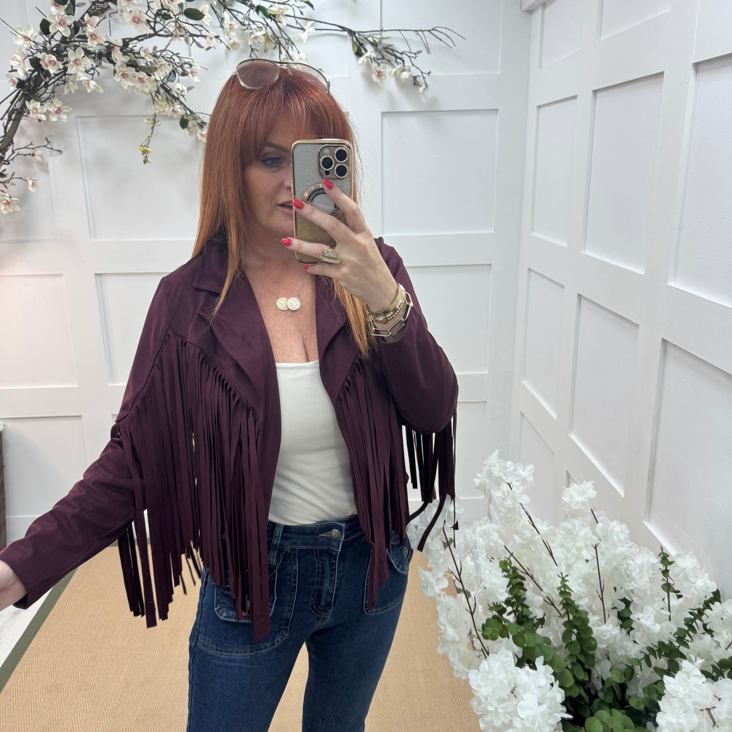 Heidi: Burgundy short suede fringe jacket. One size: 8-14