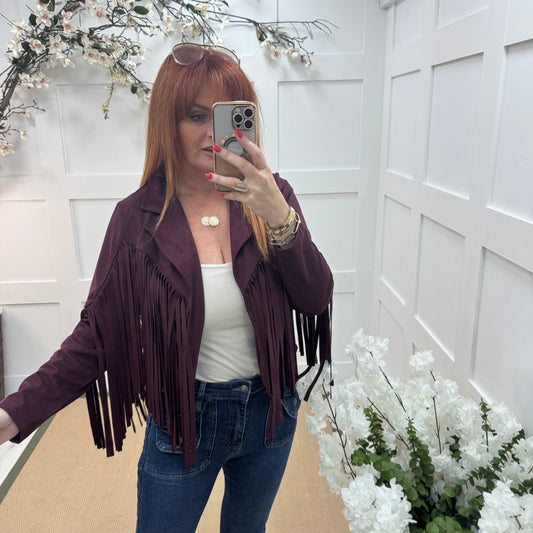 Heidi: Burgundy short suede fringe jacket. One size: 8-14