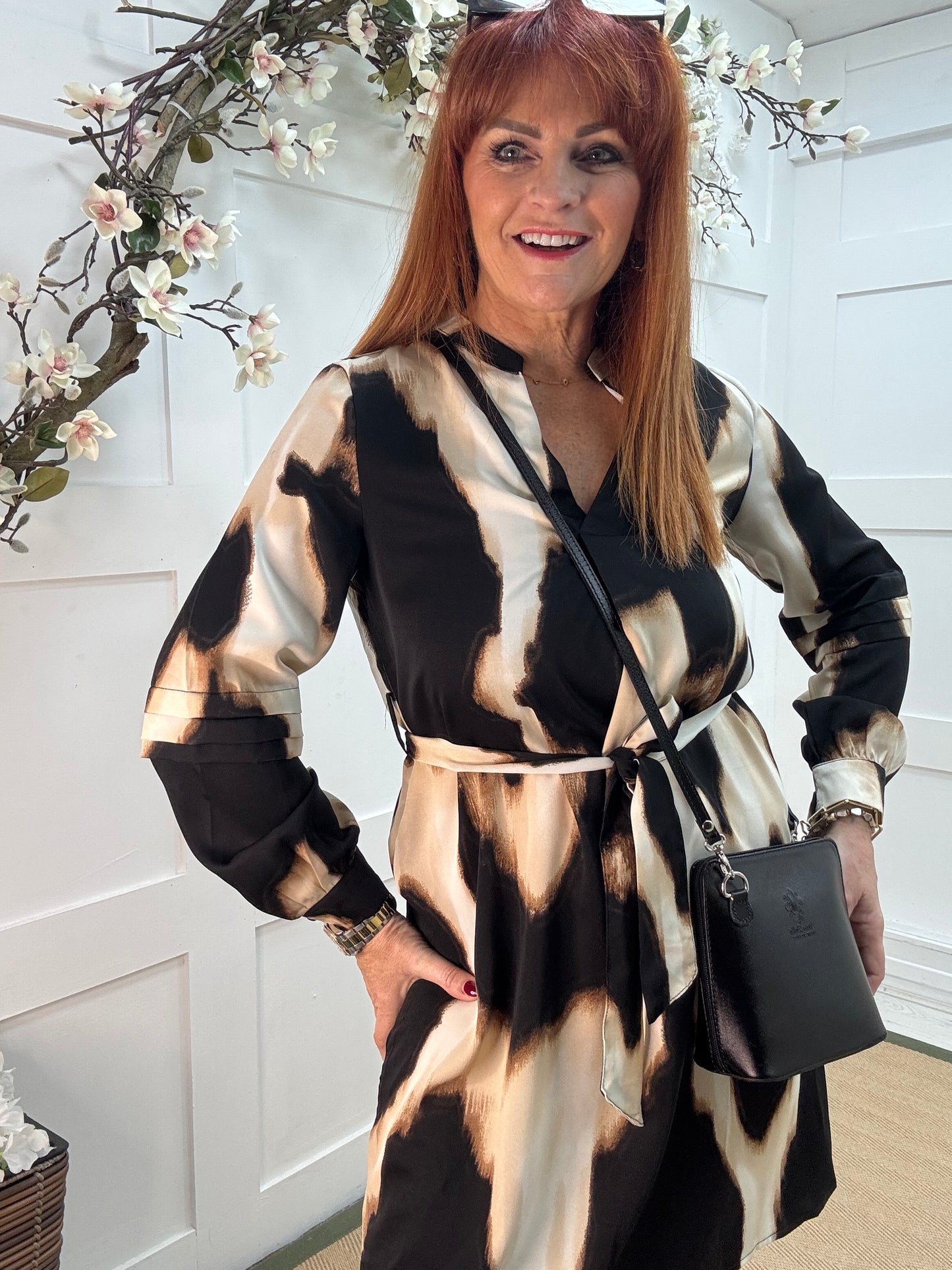 Lana: Black & cream print belted shirt dress.