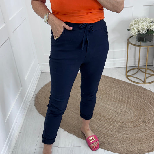 Marnie: Stretchy navy magic trousers with rear pockets. 3 Sizes: 10-22