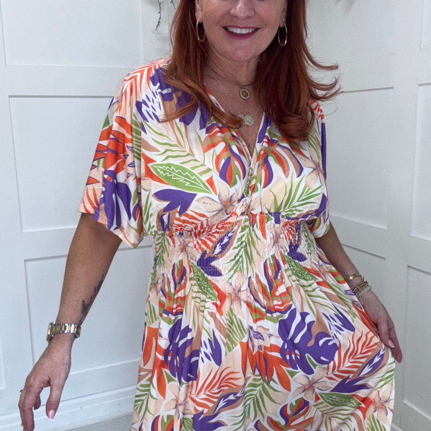 Eva: Stretchy orange & purple leaf maxi dress. One size 12-24