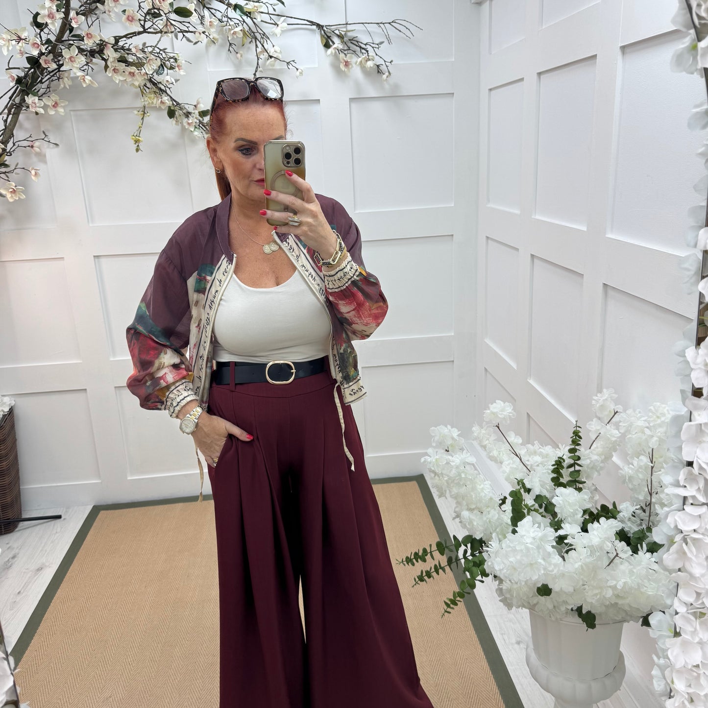 Steph: Silky burgundy Amalfi printed bomber jacket. One size: 8-18
