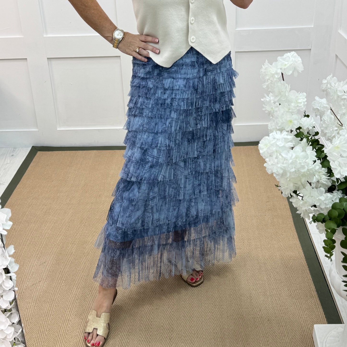Tiffany: Tulle blue net multi layer midi skirt. One size 8-16