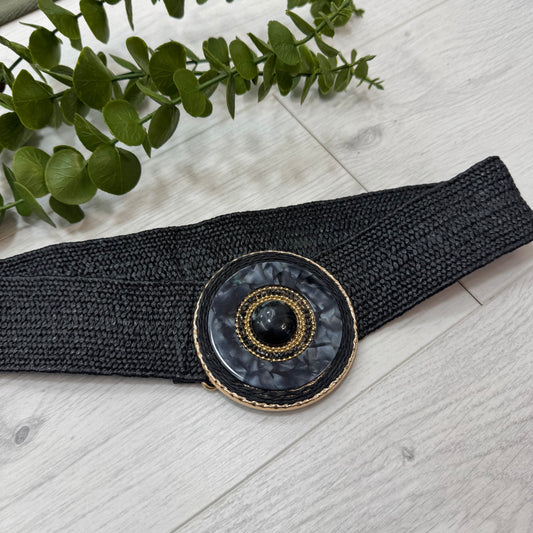 Elara: Black round gold buckle wide belt. One size: 8-16