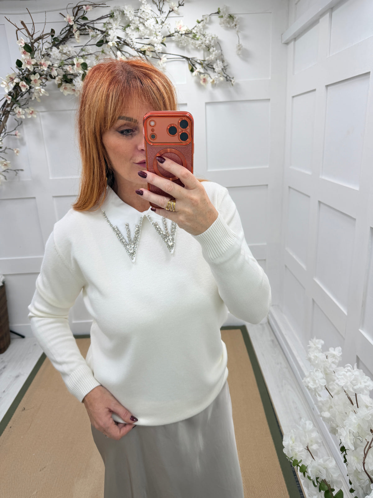 Kassia: Cream diamanté collar fine knit top. One size: 12-16