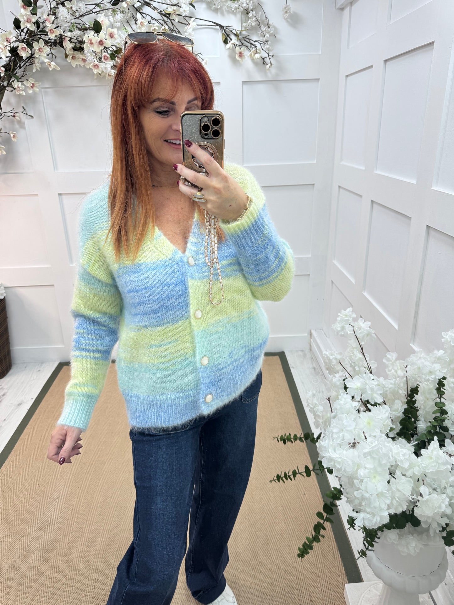 Iris: Blue & lemon stripe V neck cardigan. One size: 12-18