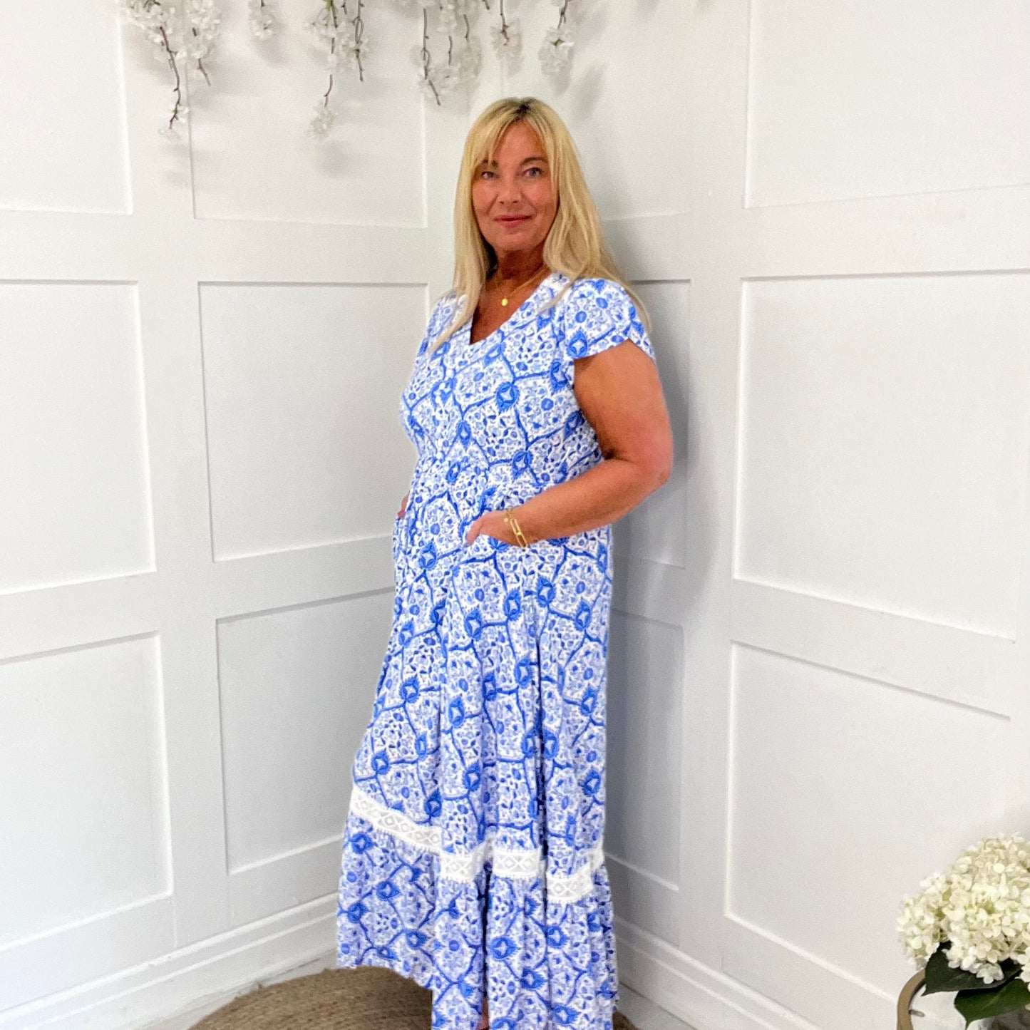 Alicia: China blue & white V neck maxi dress. Sizes: 8-16