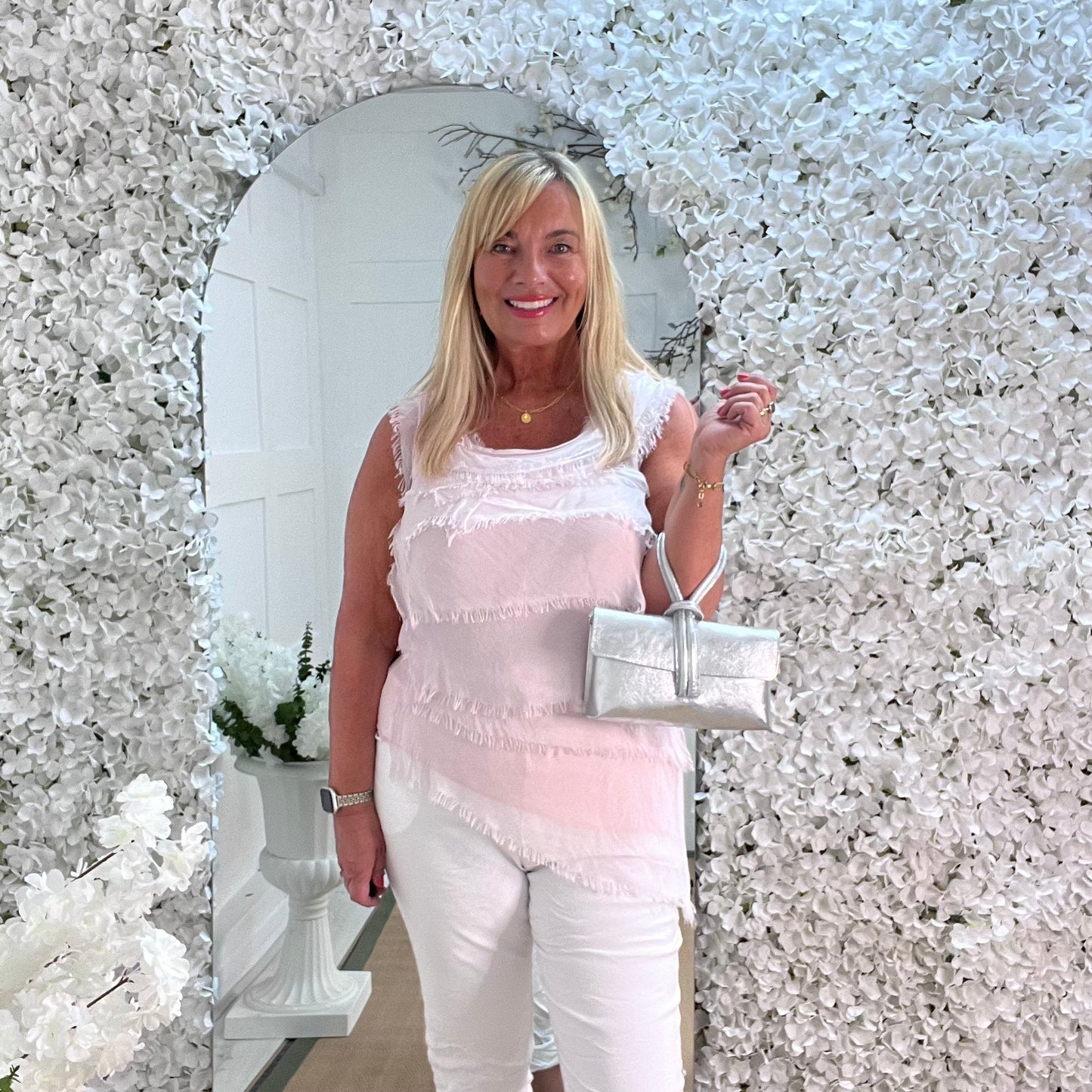 Aspen: Pink silk layered sleeveless top. One size 10-18