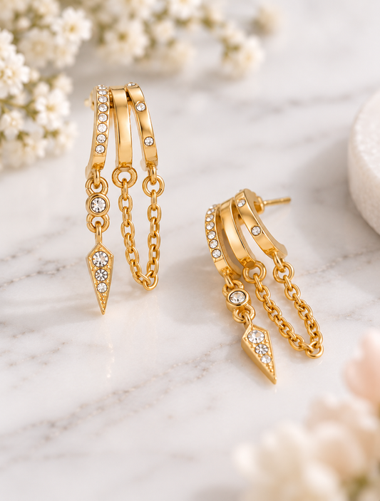 Milan: 18K gold & CZ triple chain drop earrings
