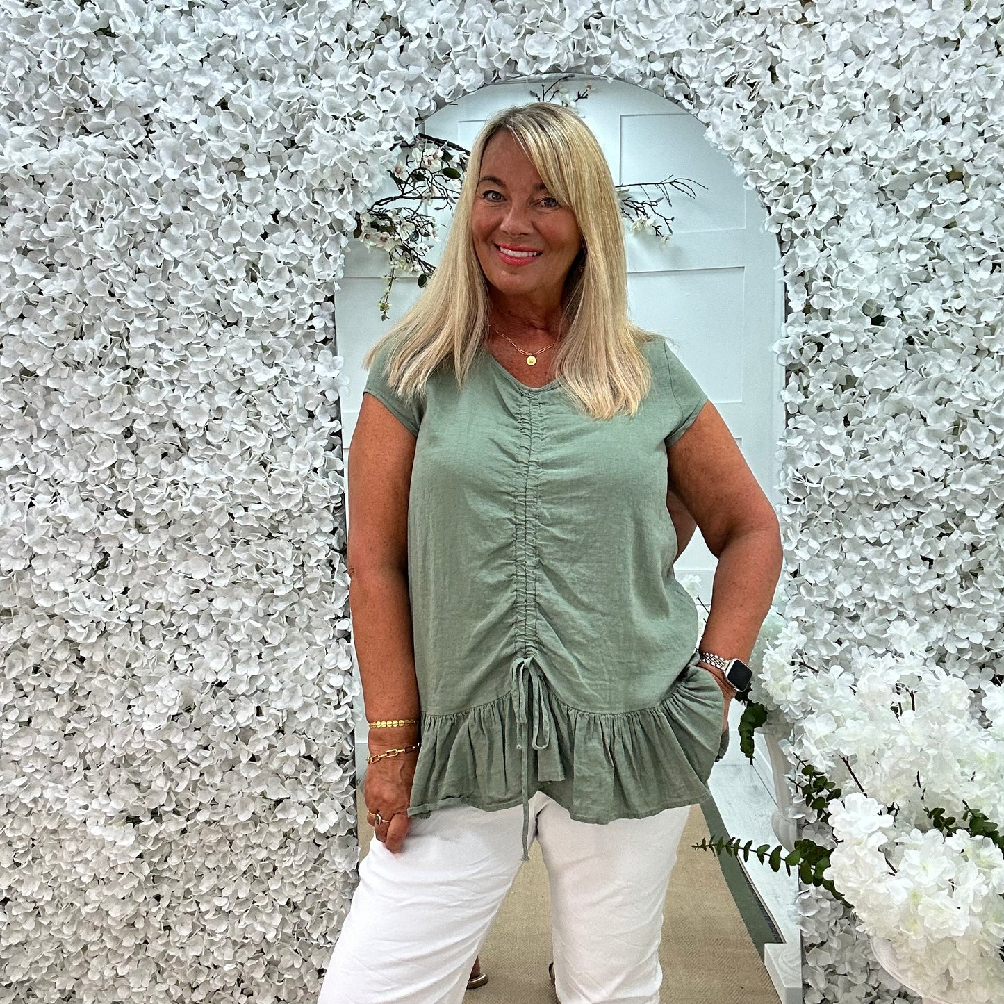 Miranda: Khaki linen ruched pull vest top. One size: 14-20
