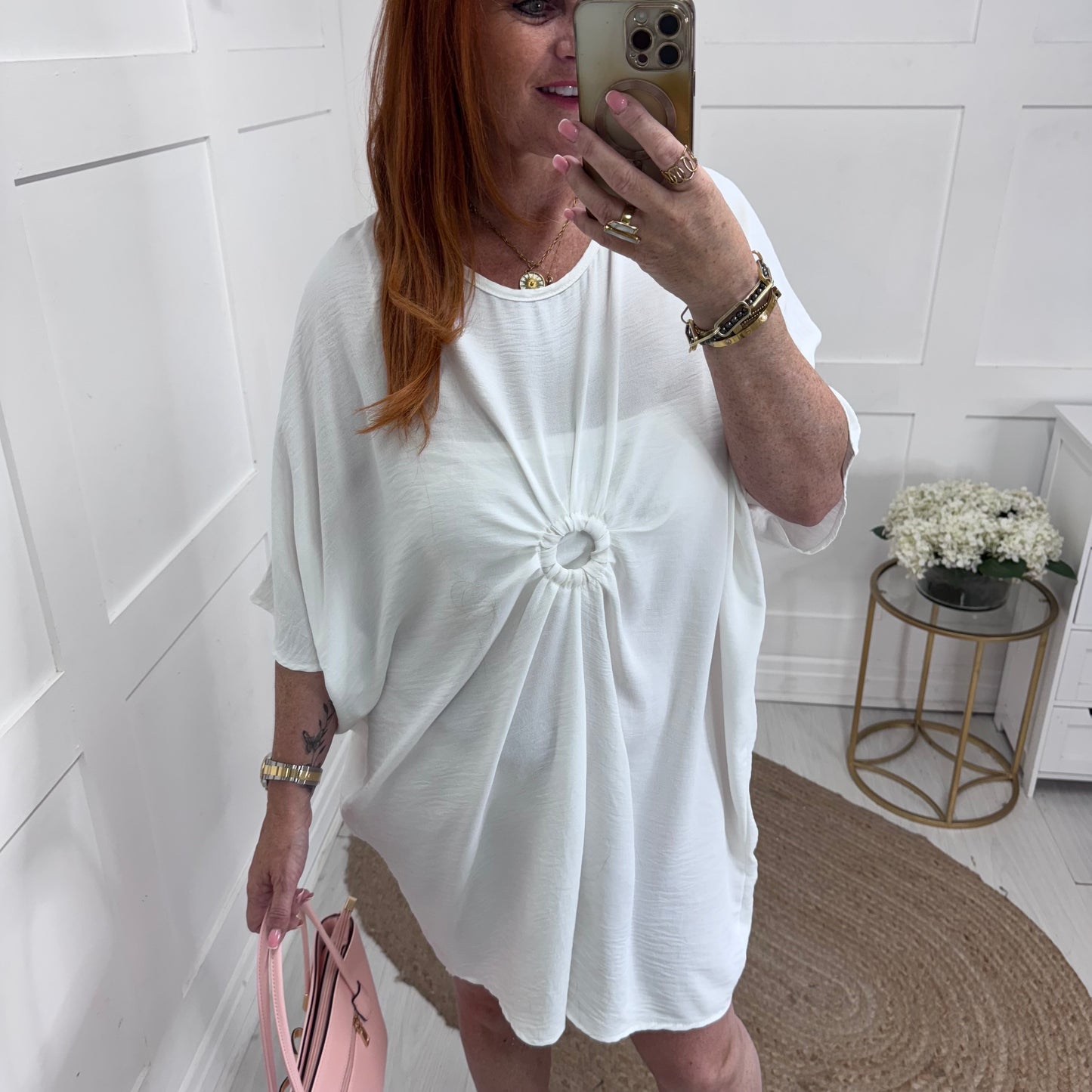 Stacey: White ring detail tunic dress. One size: 12-22