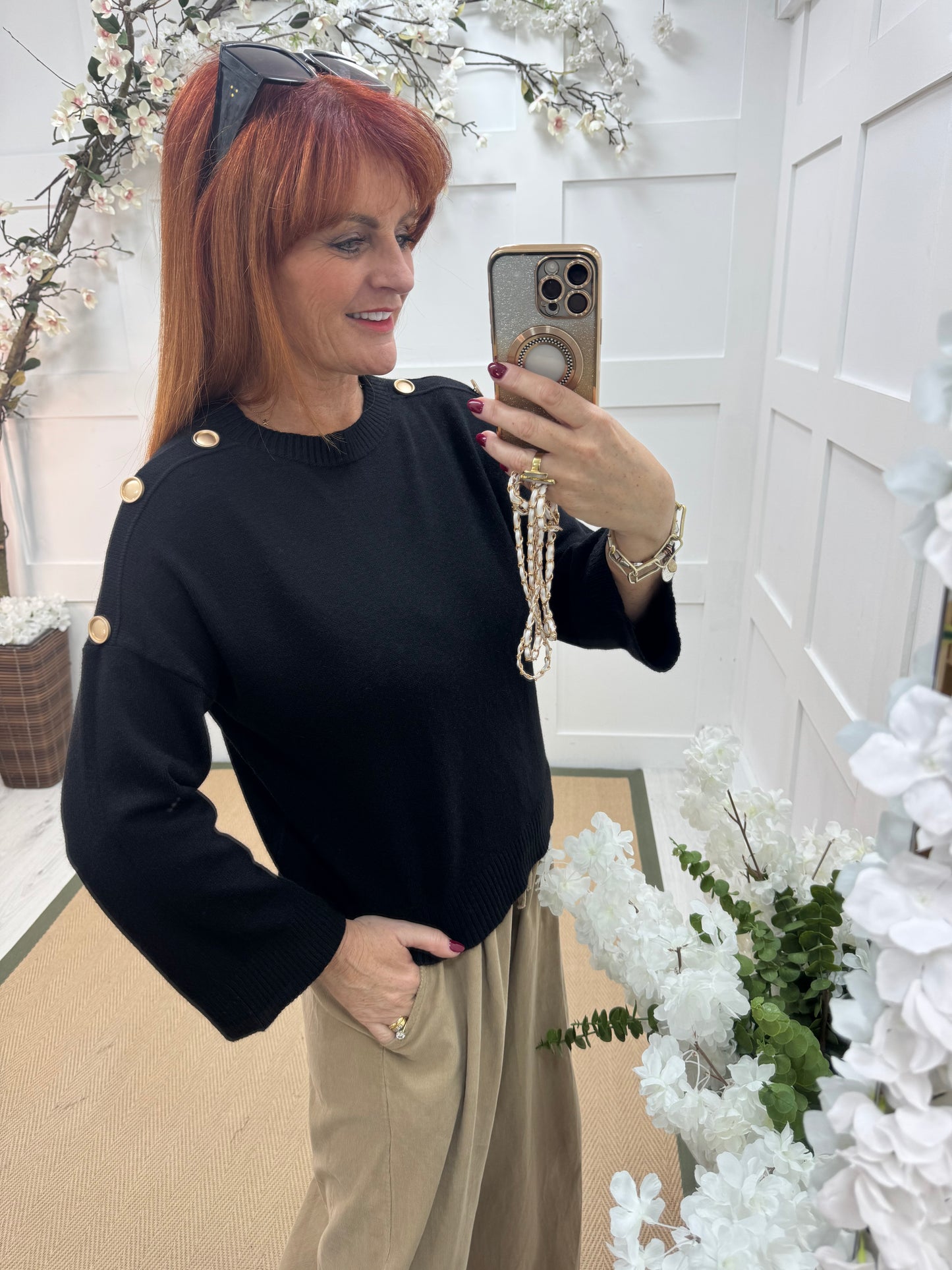 Lorna: Black gold button knitted top. One Sz: 10-16