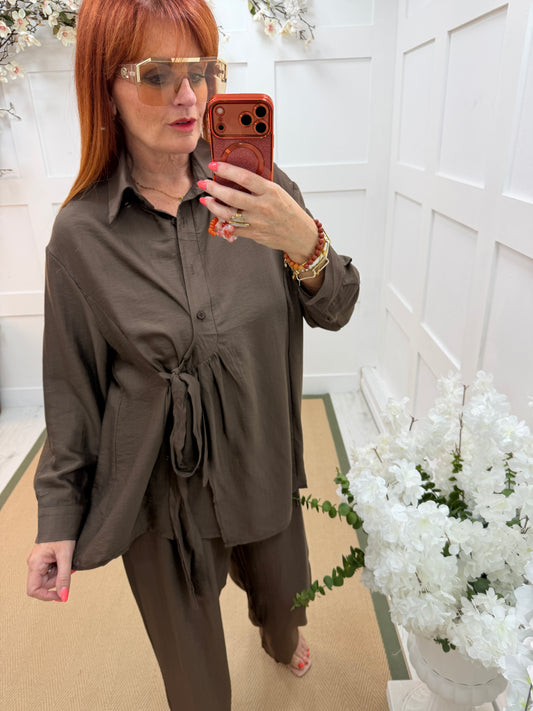 Claudia: Side tie shirt & wide leg trouser set. One size: 10-18. 3 colours