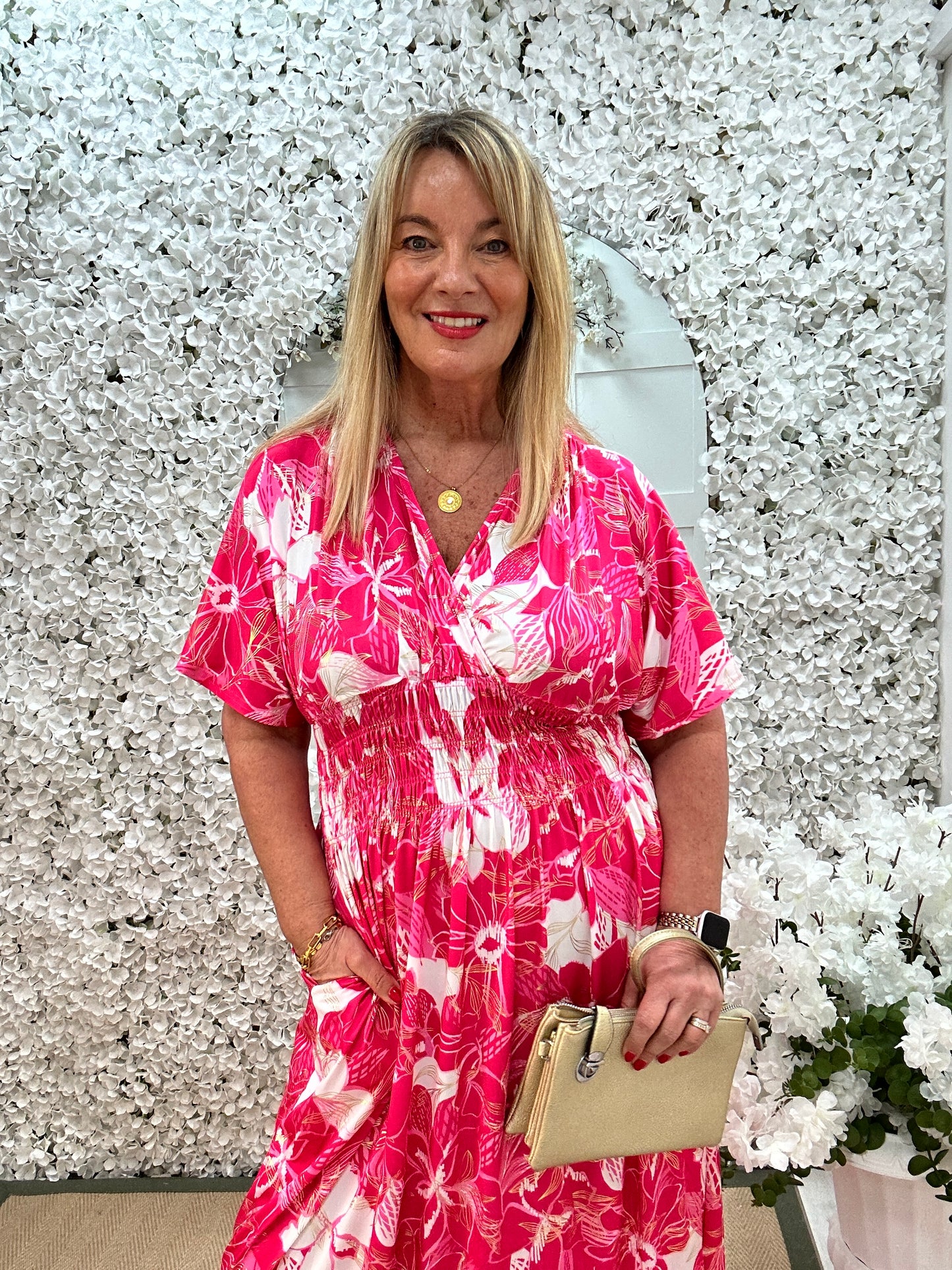 Harriet: Stretchy hot pink floral maxi dress. One size 12-20