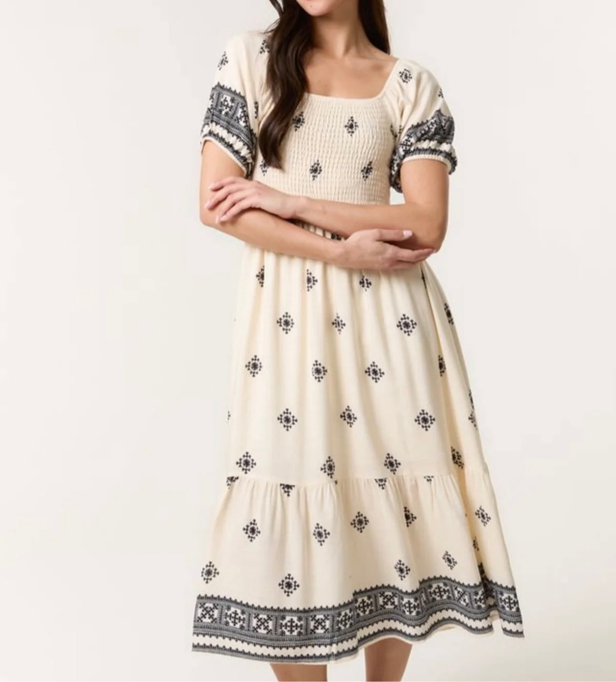 Pamela: Cream & black embroidered dress. 3 sizes