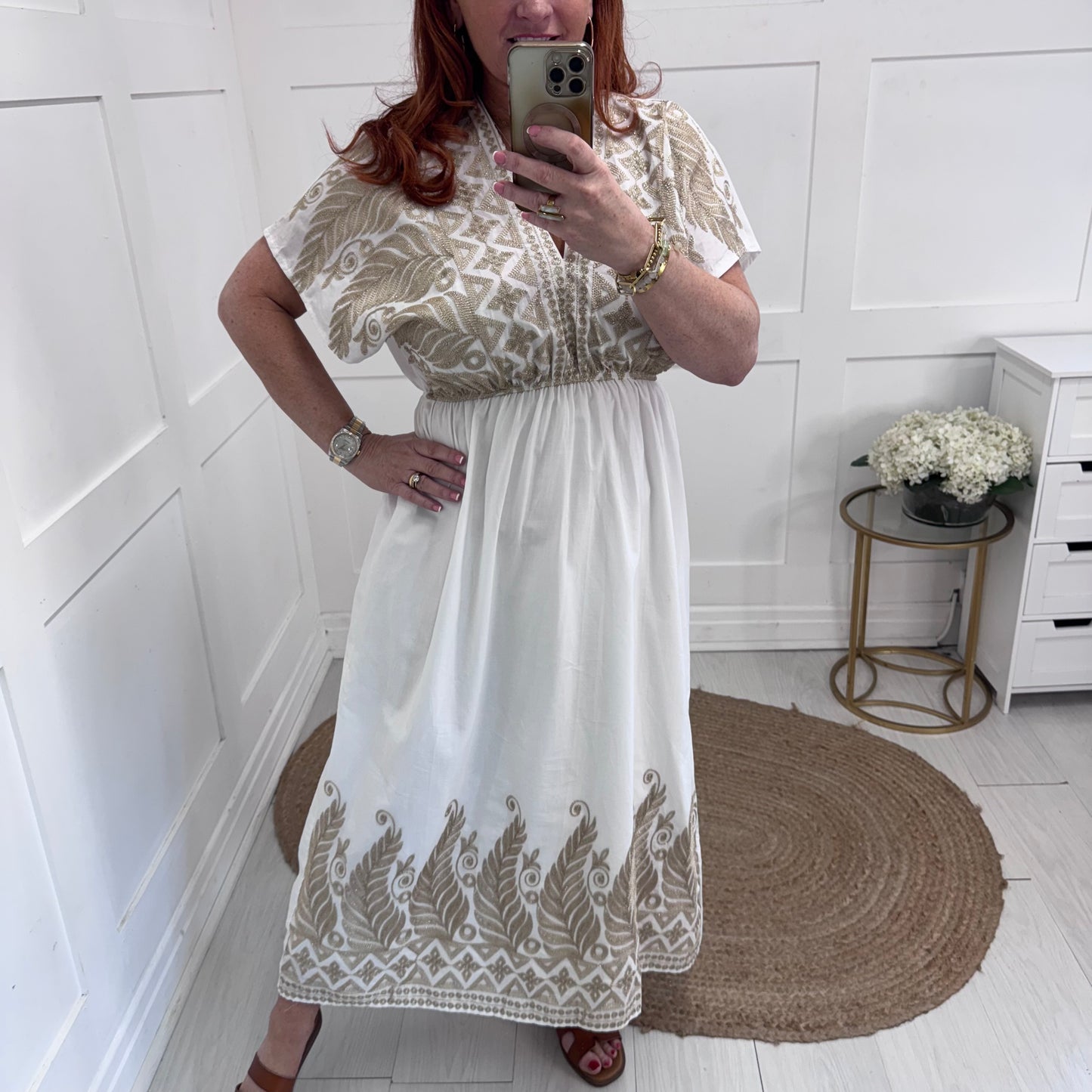 Gemma: White & gold embroidered midi dress. One size: 12-18