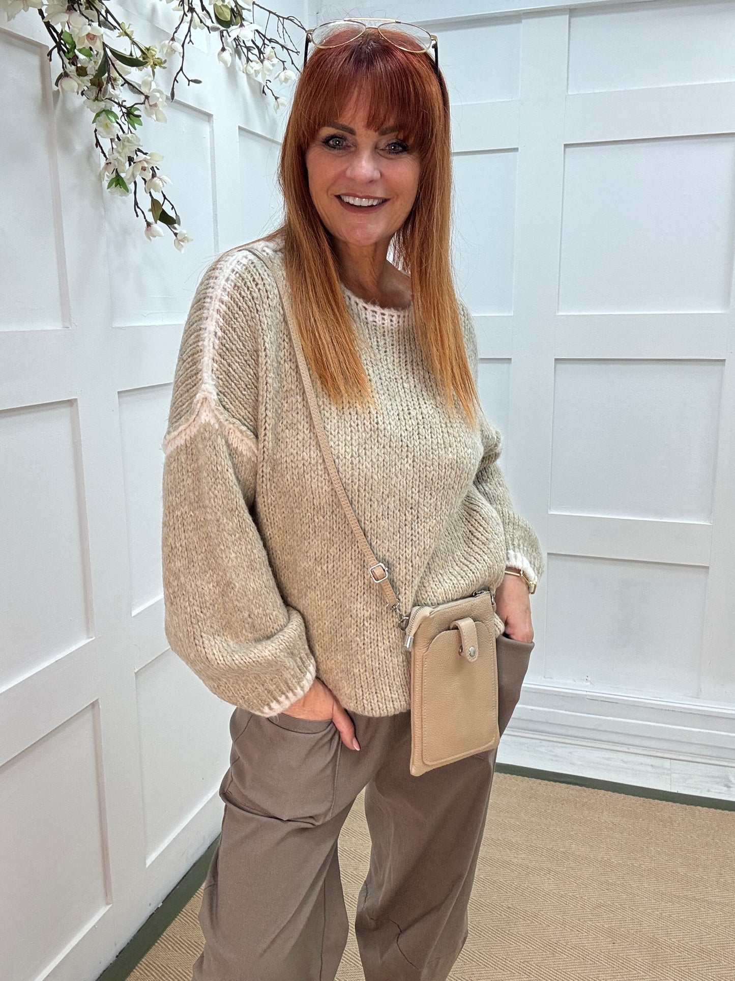 Odette: Beige slouchy knit knitted jumper. One size: 12-18