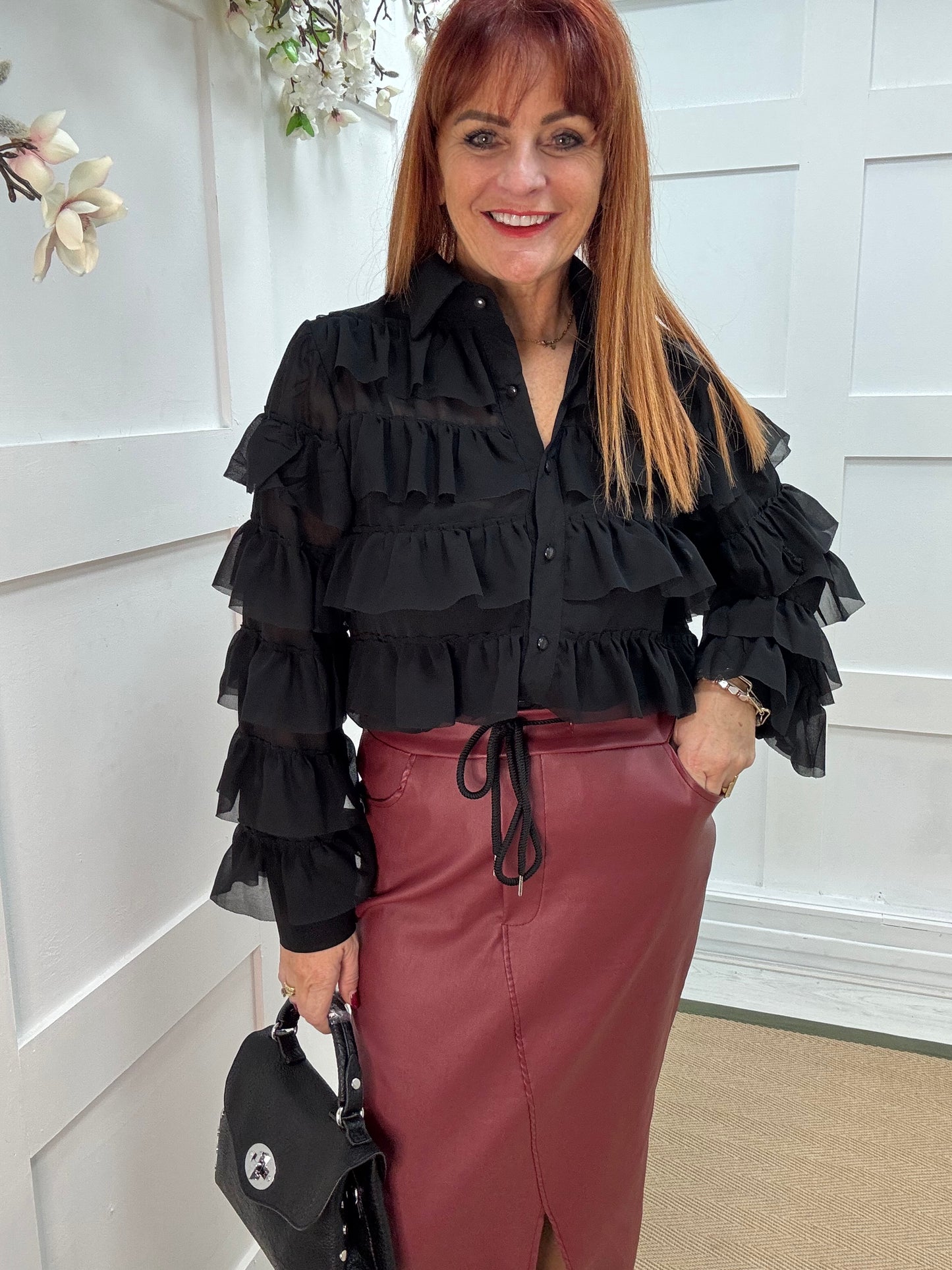 Jovana: Black ruffle blouse. 3 sizes xx