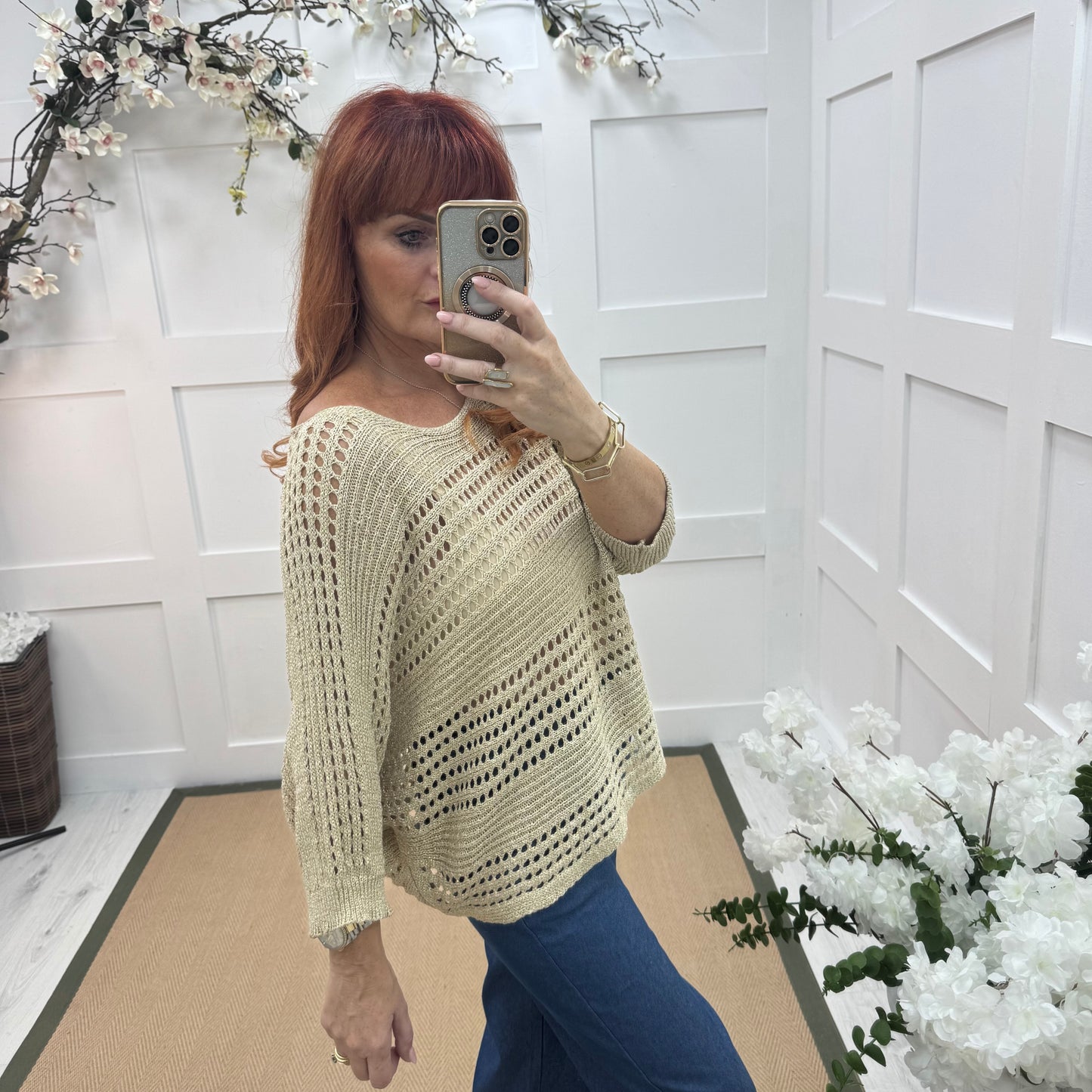 Kim: Gold stretchy lurex open knit top. One size: 10-18