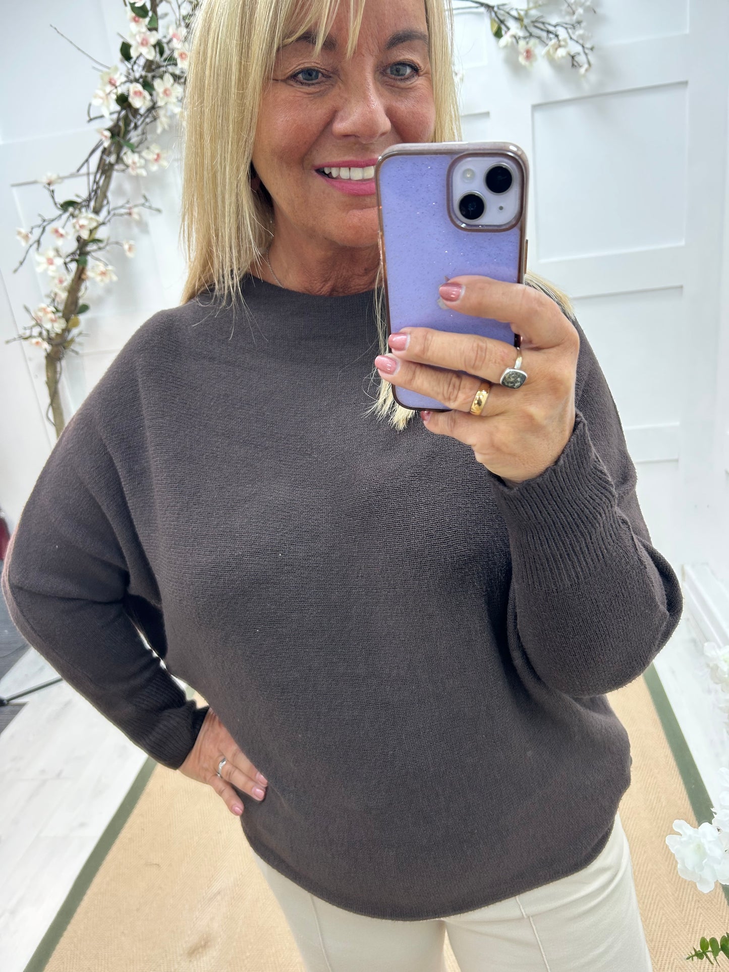 Sammi: Dark brown batwing knitted top. One size: 12-18/20