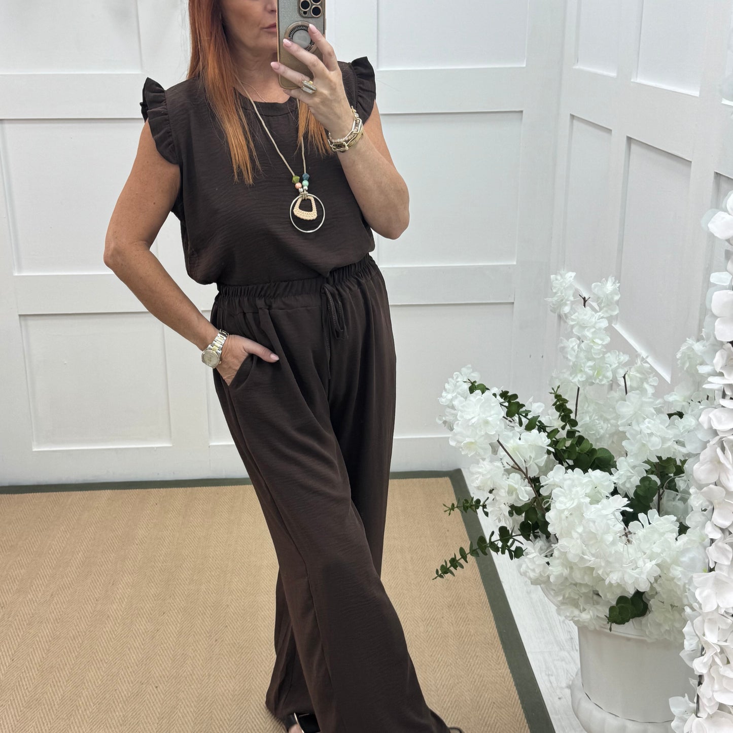 Ember: Brown frill sleeve top & pendant. One size: 14-20