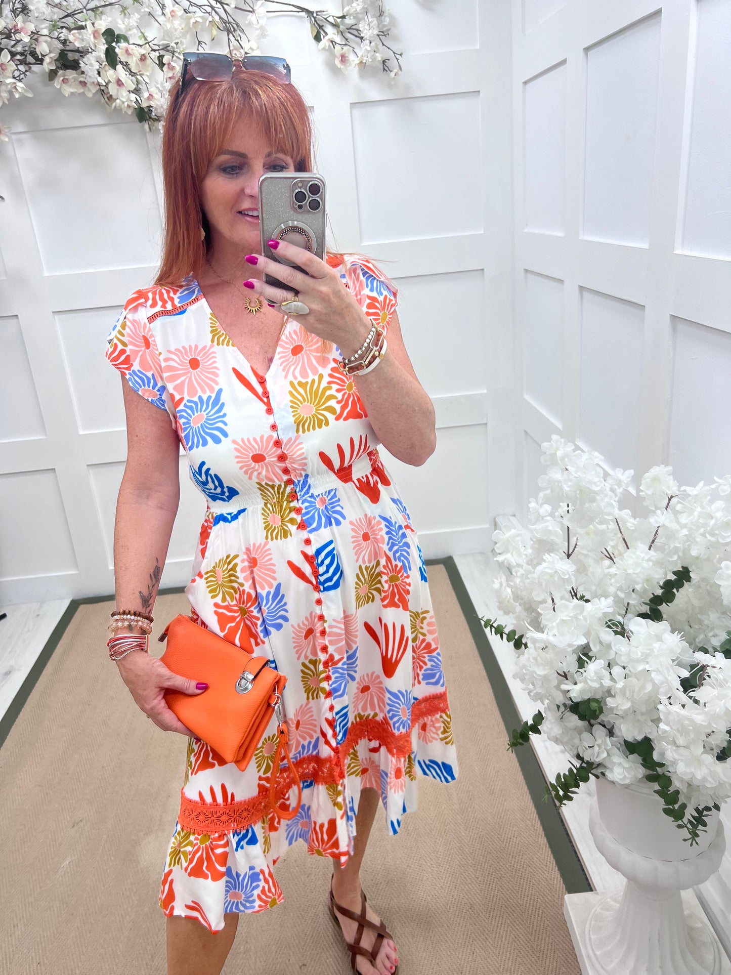Orla: Orange floral button front midi dress. 5 sizes. 8-16