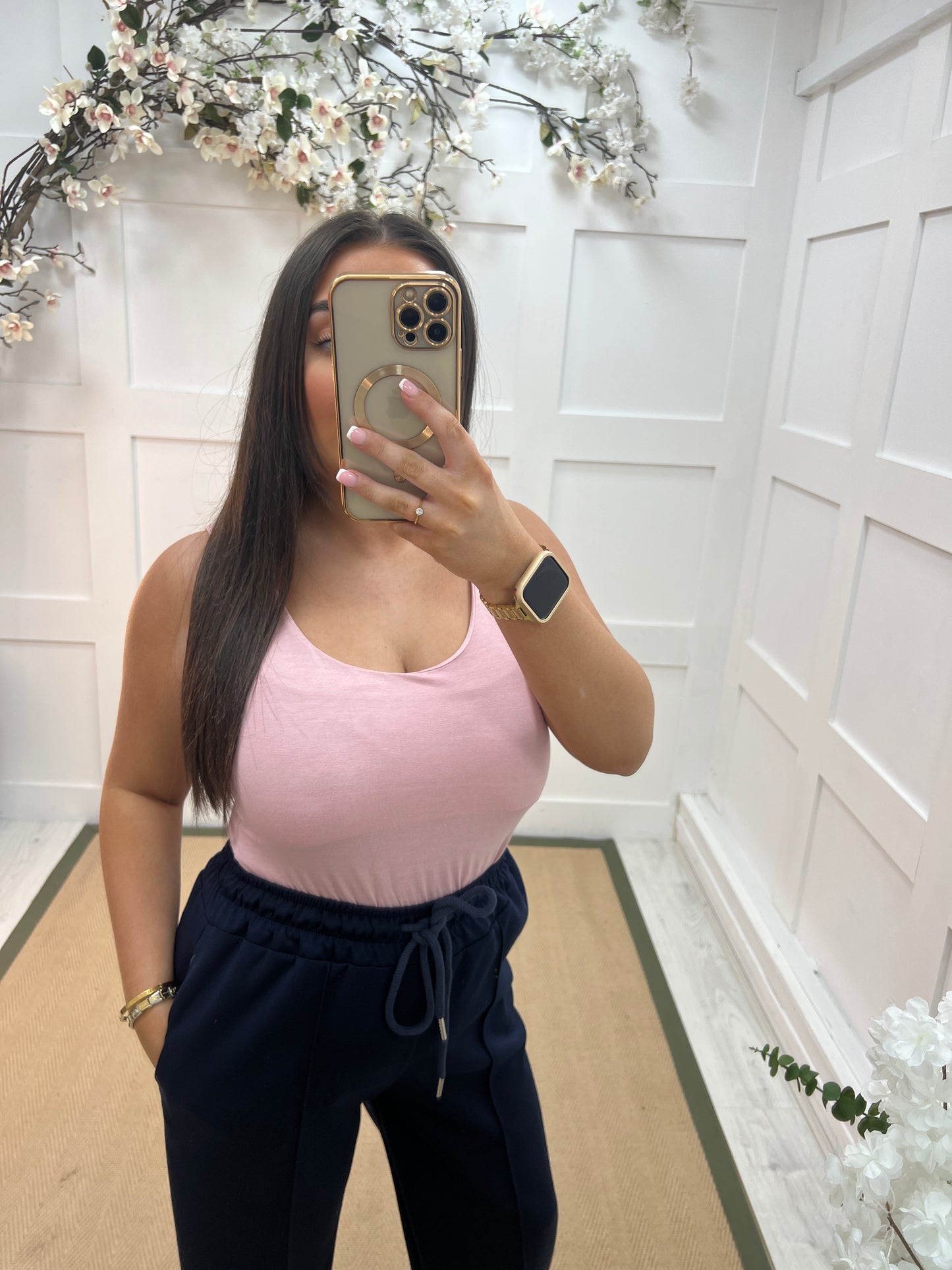 Abigail: Stretchy baby pink basic vest top. 2 sizes