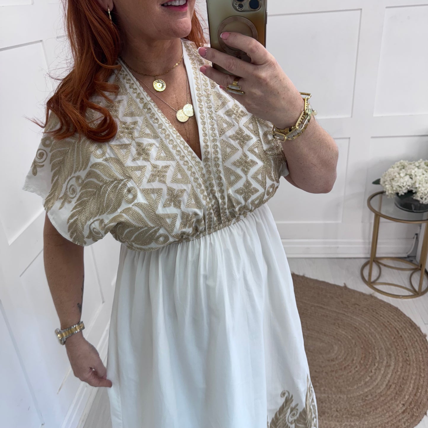 Gemma: White & gold embroidered midi dress. One size: 12-18