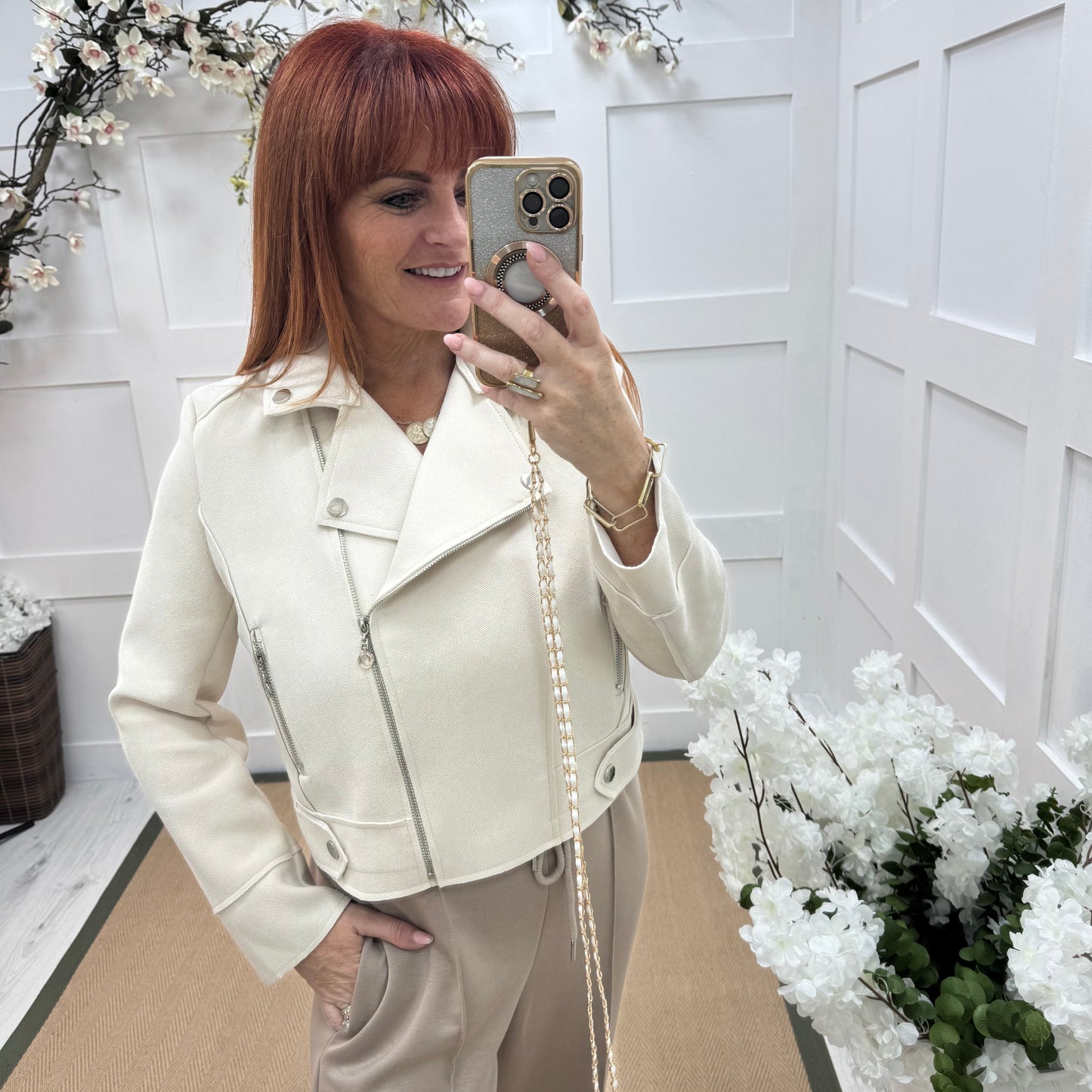 Dorita: Cream soft feel biker jacket. 3 sizes