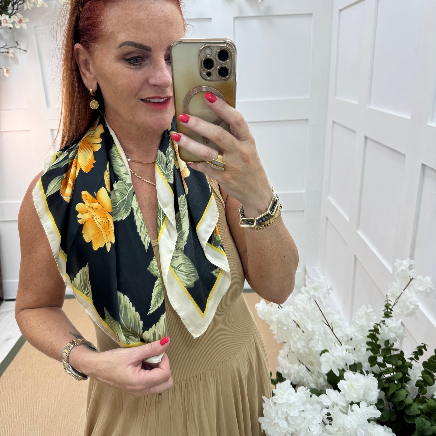 Lara: Black & Orange flower print silky neck scarf