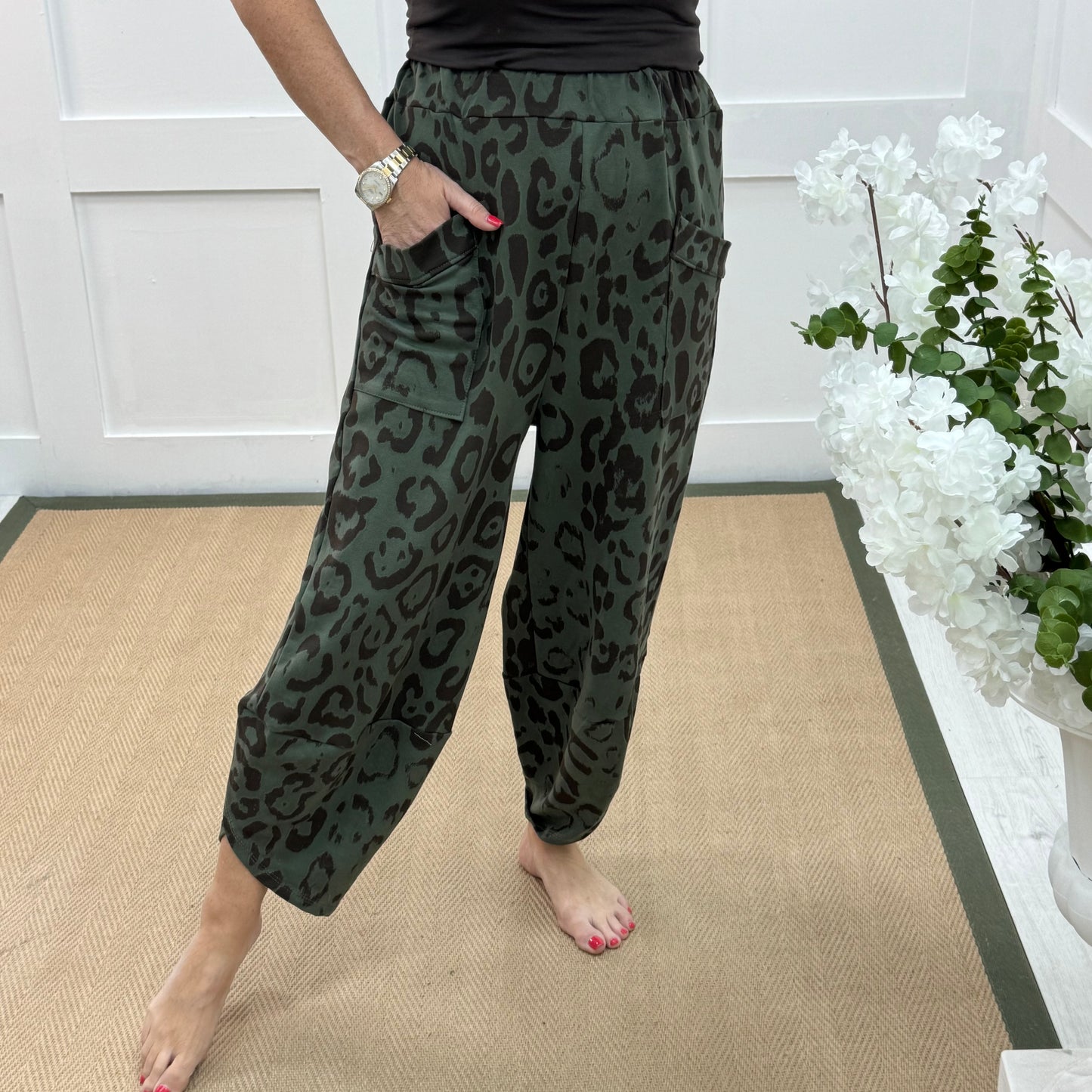 Rowan: Khaki leopard print cocoon harem trousers. One Sz: 10-18