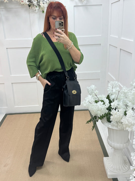 Sadie: Black suedette wide leg pocket trousers. One size: 10-16