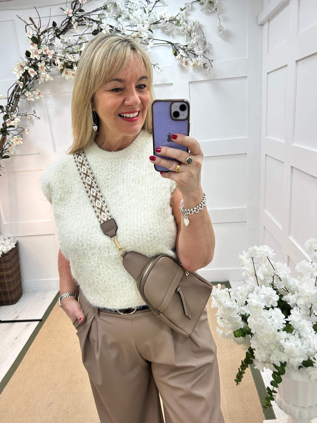 Macey: Cream sleeveless tank top with lace detail. One Sz: 12-16