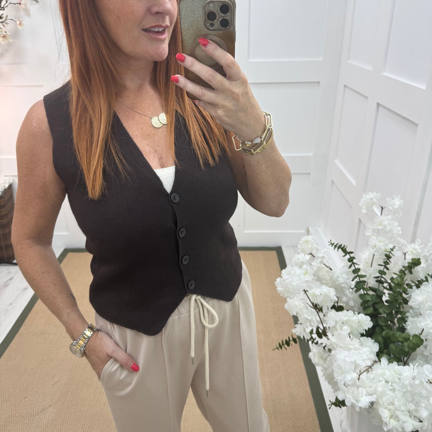 Saffron: Brown fine knit button waistcoat. One size: 10-16