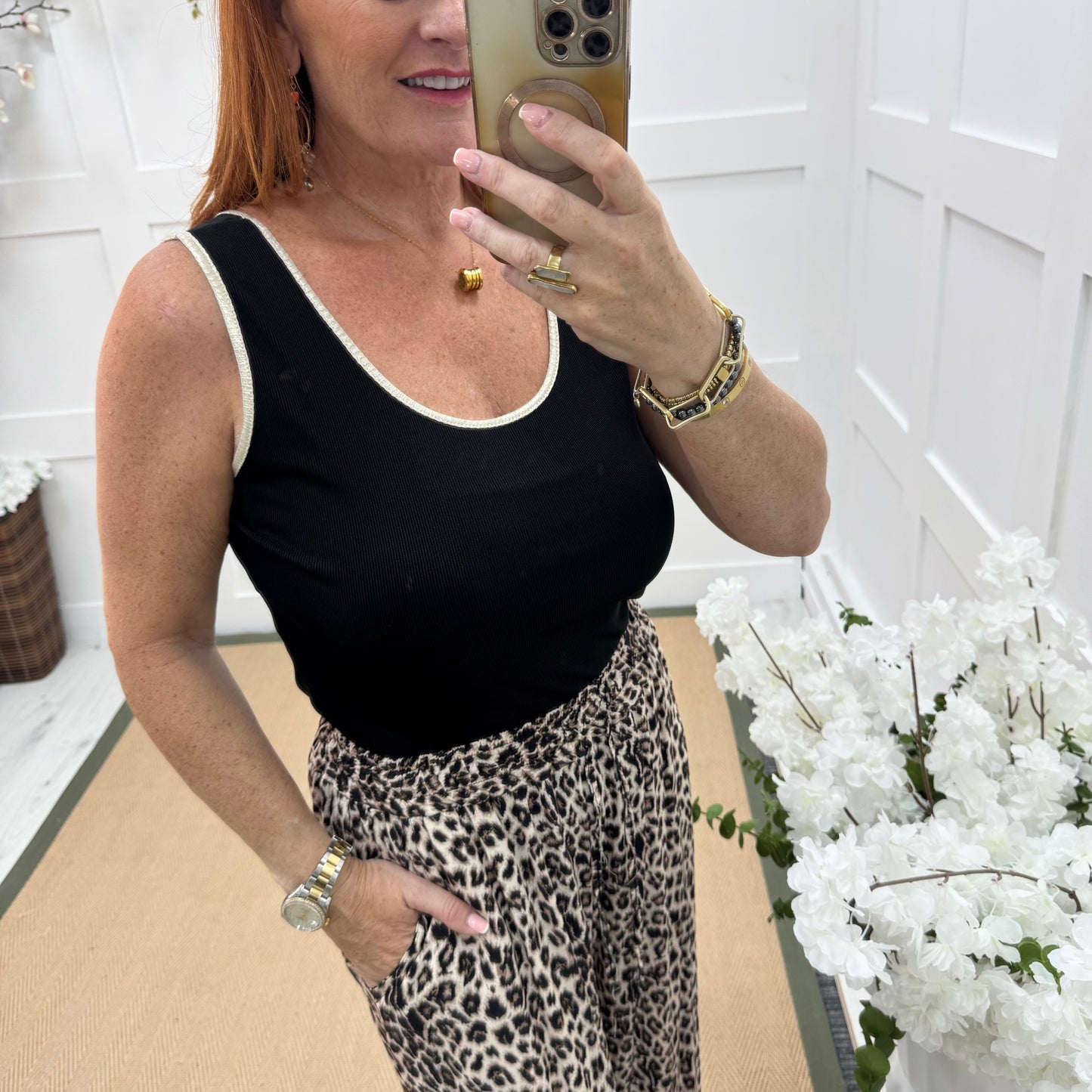 Lizzie: Black & gold stretchy vest top. One size: 12-18