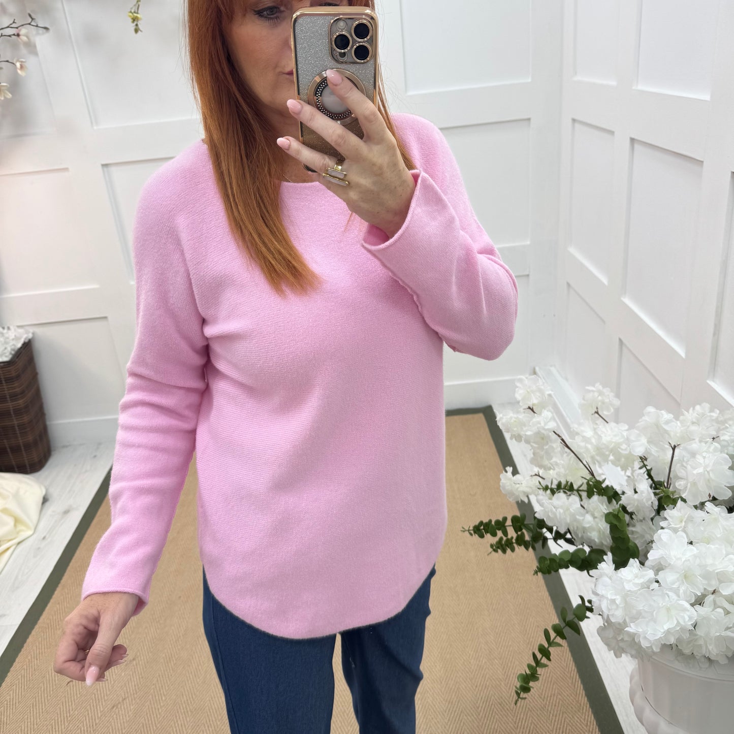 Mindy: Pink plain long sleeve knit top. One size: 10-16/18