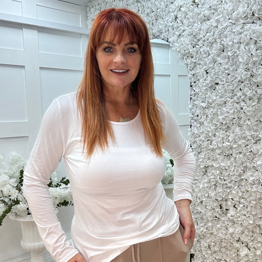 Bessie: White basic long sleeve top. One size: 10-16/18