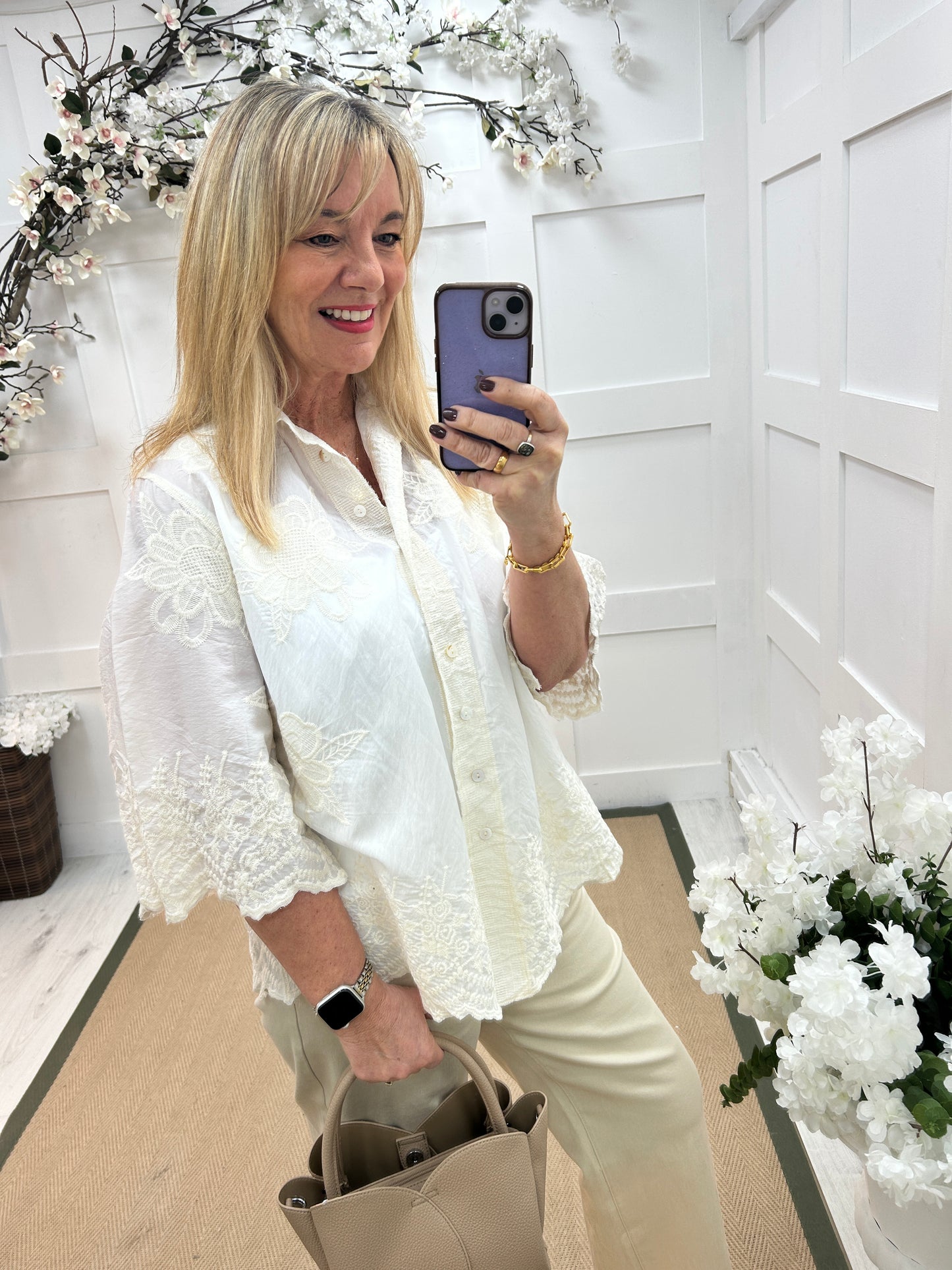 Emily: Cream floral embroidered shirt. One size: 14-20