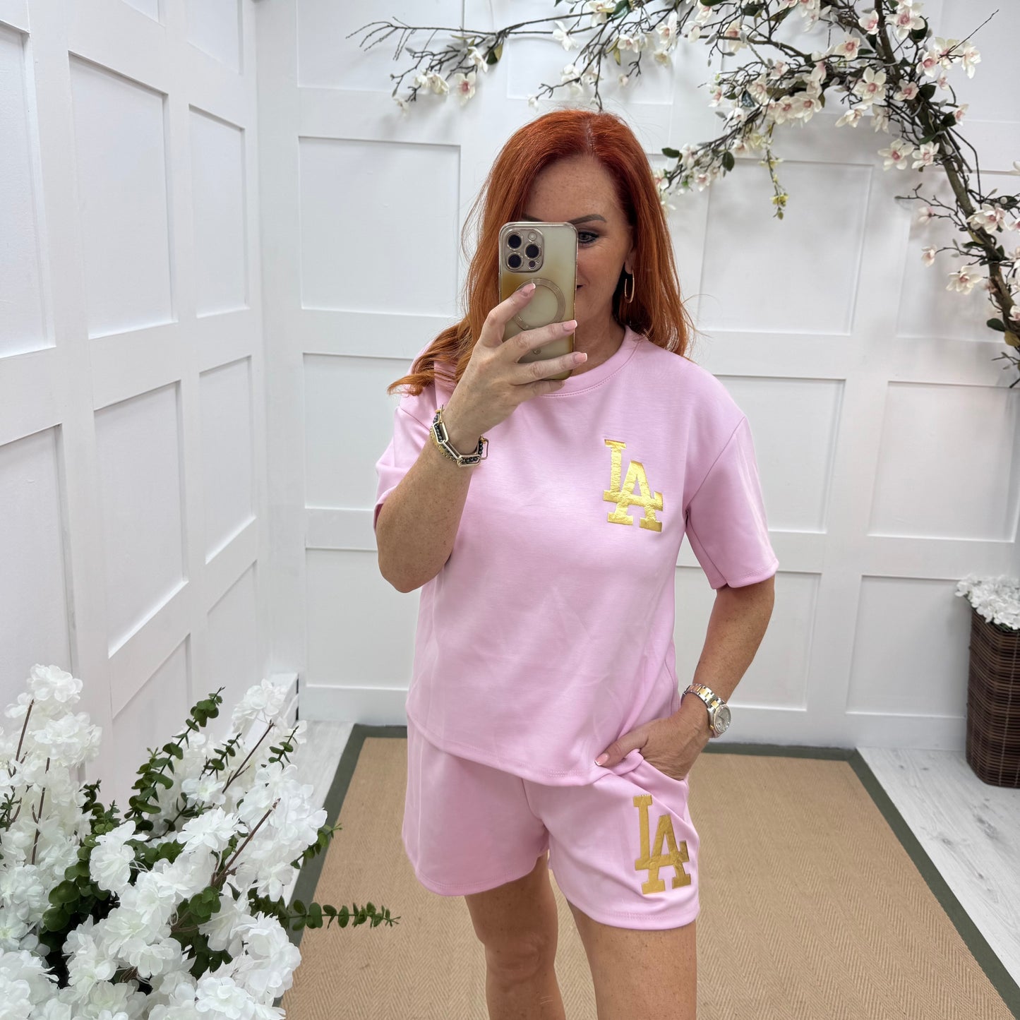 Teagan: Pink & gold LA loungewear shorts set. One size: 8-16