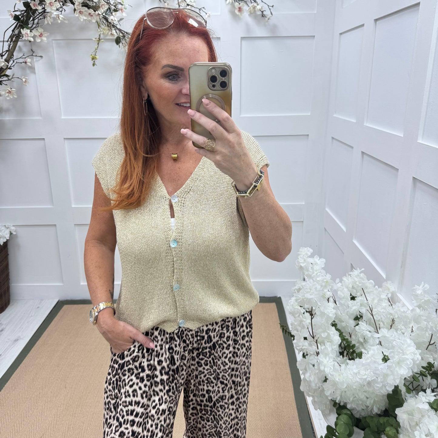 Julie: Gold stretchy lurex knit waistcoat top. One size: 10-18