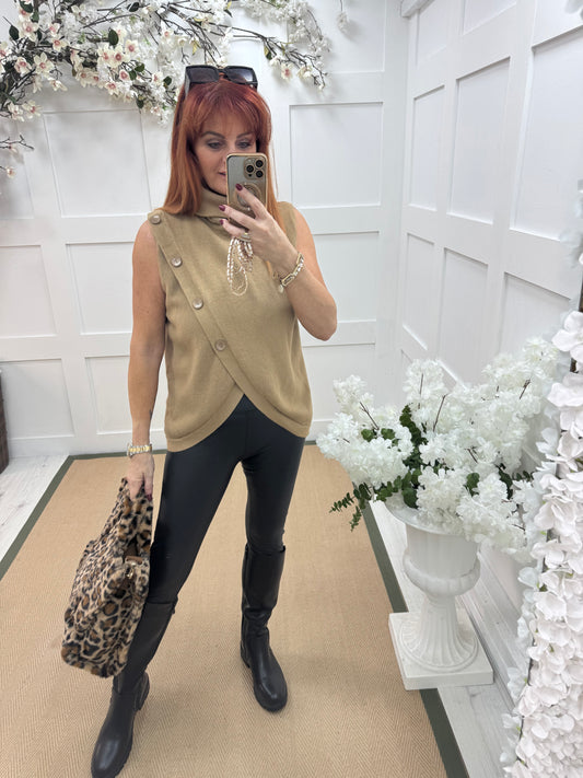 Viola: Sand sleeveless cowl neck wrap top. One Sz: 10-16