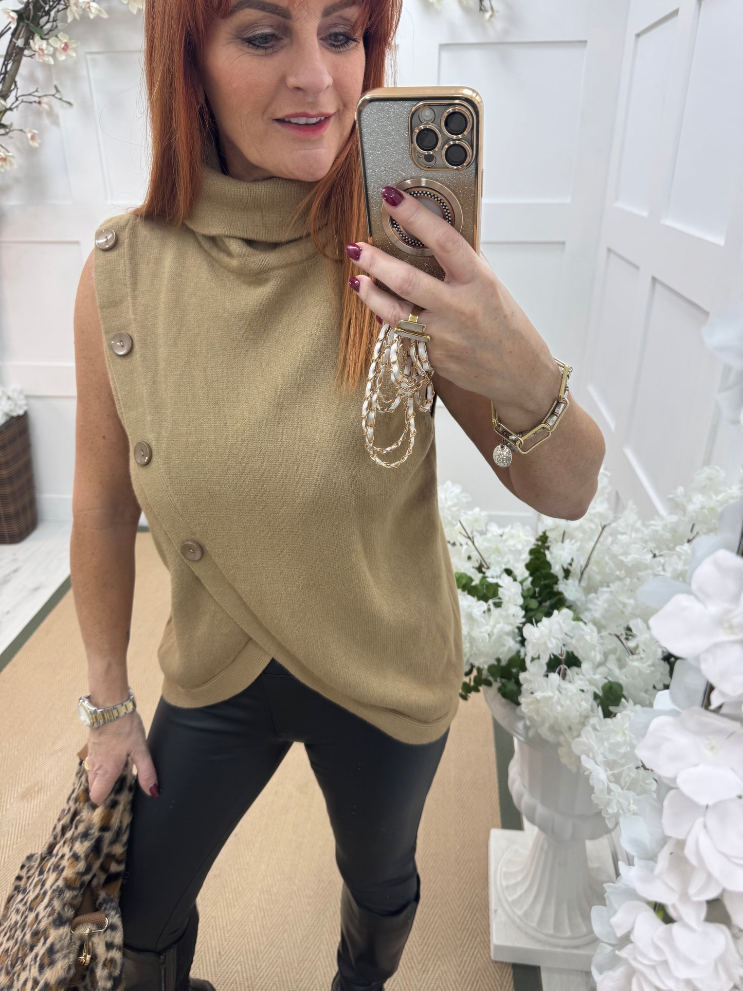 Viola: Sand sleeveless cowl neck wrap top. One Sz: 10-16